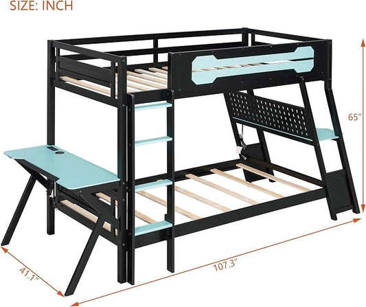 Merax Wooden Twin Over Twin Bunk Bed with 2 Side Desks, USB Desktop Ports and Pegboard Organizer, Gaming Bunk Bed for Gamer, Kids or Teens, No Box Spring Needed, Cloud Blue