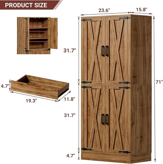 Unikito 71" Tall Kitchen Pantry Storage Cabinet with Farmhouse Barn Doors and Storage Drawer, 4 Adjustable Shelves, Freestanding Cupboard for Dining Room, Living Room, Utility Room, Natural