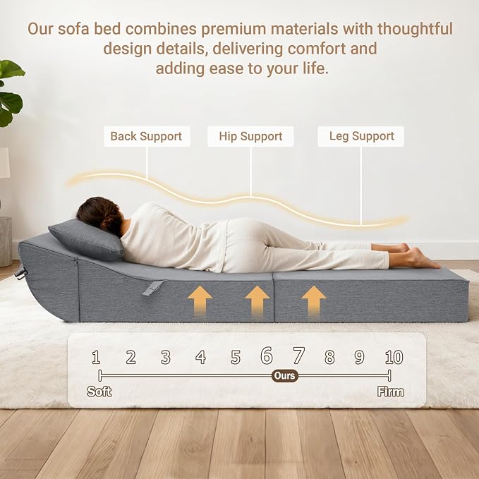BeBen Folding Sofa Bed Chair, Convertible Sleeper Chair Futon Couch, Foldable Boneless Floor Lounge Sofa, Single Foam Chair Bed for Small Spaces, Dorm, Guest Room, Living Room, Apartment, Dark Grey