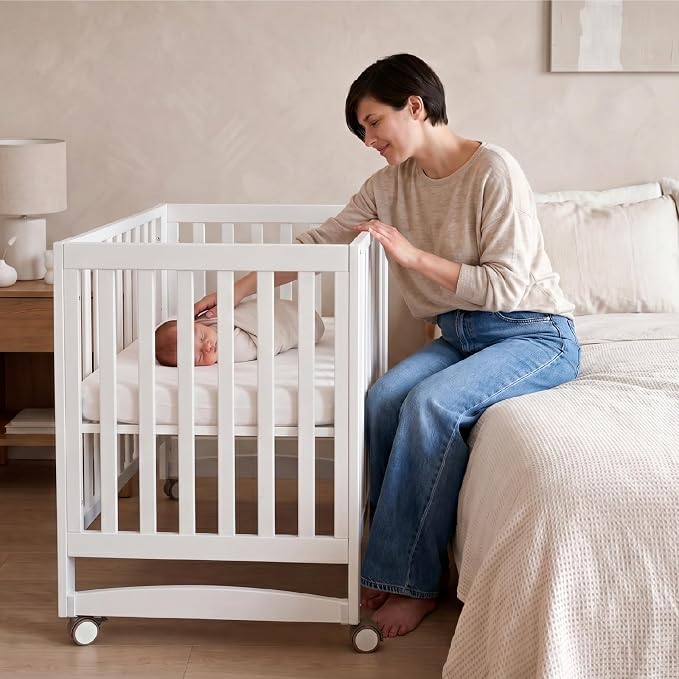 MAMAZING EvoNest 6-in-1 Convertible Baby Mini Crib with Wheels, GREENGUARD Gold Certified, 4 Adjustable Mattress Heights, 100% New Zealand Pine Wood, Portable Woodern Crib for Small Spaces, White