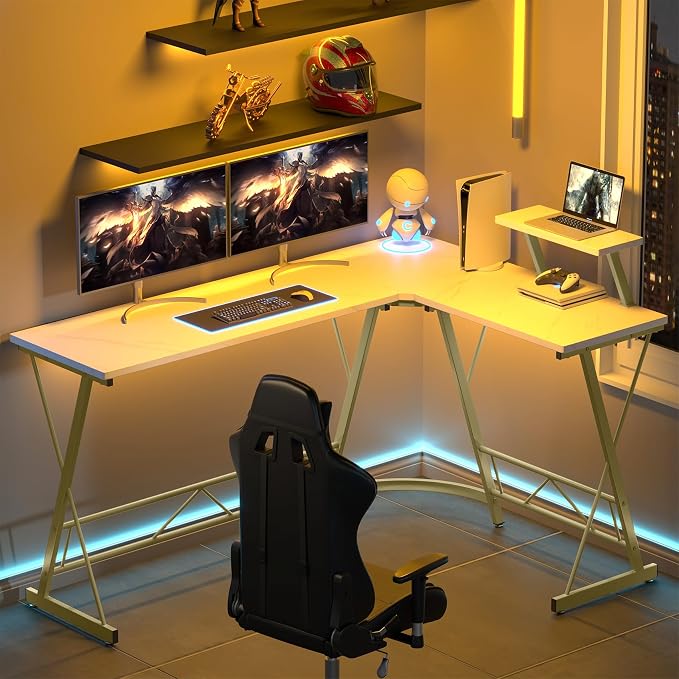 Mr IRONSTONE 63" L Shaped Gaming Desk, Corner Computer Desk, Home Office Writing Desk with Sturdy Monitor Shelf, Spacious L Shaped Desk Workstation, Easy to Assemble, Laminate Marble
