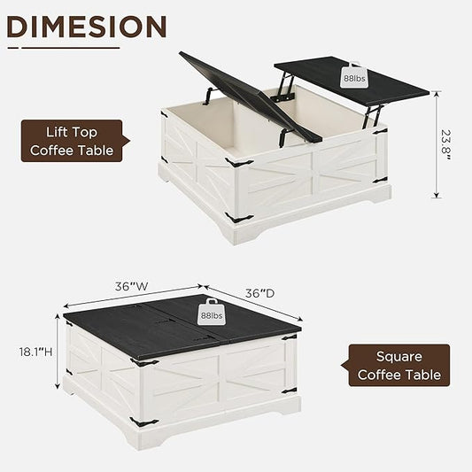 JXQTLINGMU Farmhouse Lift Top Coffee Table with Large Storage, 36" Square Wood Living Room Table with Hidden Compartment, Lift Tabletop Dining Table for Home, White