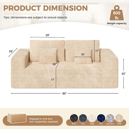 Luxanimarion 80'' Modern Cloud Loveseat Sofa, No Assembly Required Deep Seat Comfy Small Couches Includes 2 pcs Pillows for Living Room, Bedroom, Apartment(Khaki)