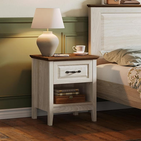 LINSY Night Stand Set of 2, 18.9" Farmhouse Wood NightStand with Type-C Charger &Open Storage Shelf Nightstands with Drawer, Side Table End Table for Bedroom Living Room Sofa Couch Office Beige