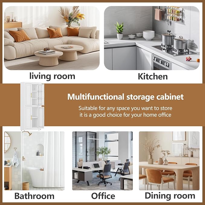 GAIOUS 63" Tall Steel Corner Cabinet, Metal Storage Cabinets with 4 Doors and 3 Shelves, Pantry Cabinets with 6 Door Panel Shelves, Farmhouse Cupboard for Kitchen Dining Room Hallways, White