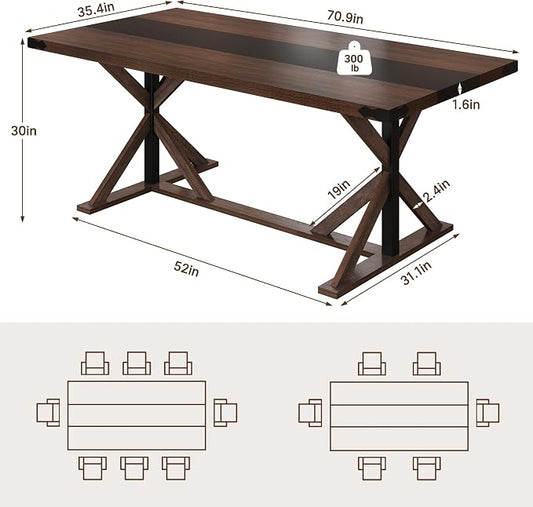 Hlivelood 71 Inch Dining Table for 6 People, Rectangular Kitchen Farmhouse Table W/Thickness Waterproof Wood Tabletop,Long Dining Room Tables W/Wood Strip Base for Kitchen Living Room(BR)