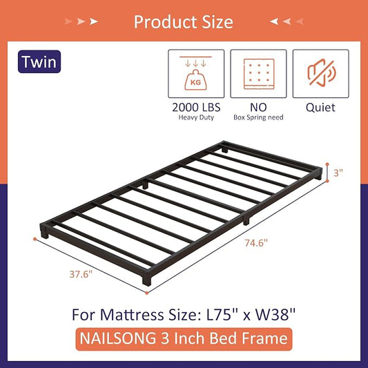 Nailsong 3 Inch Twin Bed Frames Low Profile, Twin Platform Bed Frame No Box Spring Needed, Heavy Duty Metal, Easy Assembly, Black