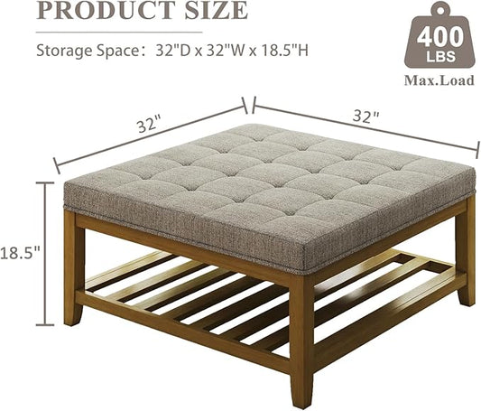 Befurtori Large Square Ottoman Coffee Table, Linen Solid Upholstered Footrest Ottoman with Solid Wood Shelf Storage Tufted Coffee Table for Bedroom Living Room, Gray Linen