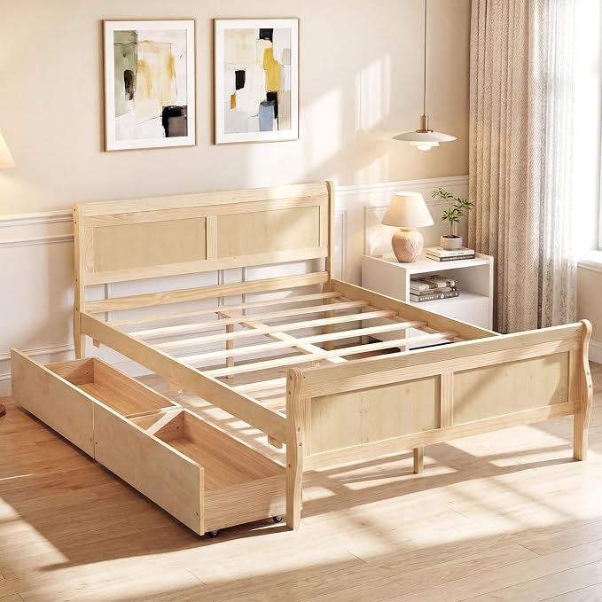 Giantex Full Bed Frame with 2 Storage Drawers, Wood Platform Bed with Headboard & Footboard, Wooden Slats Support Mattress Foundation, Sleigh Bedframe for Teens Adults, No Box Spring Needed (Natural)