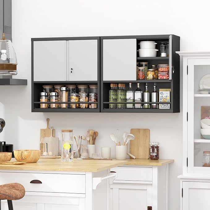 Metal Cabinet Wall Mounted, Garage Wall Cabinets with Doors & Adjustable Shelves, Steel Floating Hanging Storage Cabinet, Metal Locking Cabinet for Bathroom, Office, Warehouse