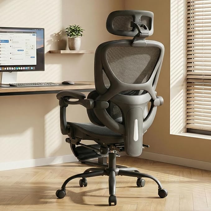 MALOL Ergonomic Mesh Office Chair with Footrest, Executive High Back Computer Desk Chair with 3D Adjustable Headrest & 5-Level Lumbar Support, Reclining Tilt Lock, 3D Arms, 300LBS Capacity, Grey