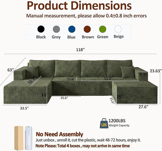 118" Modular Sectional Sofa with Chaise and Ottoman, Oversized U-Shaped Corduroy Cloud Couch, Deep Seat Boneless Couch for Living Room, No-Assembly - Grey(Left Facing Chaise)