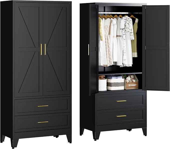 Steel Armoire Wardrobe Closet with 2 Drawers, 71" Metal Wardrobe Cabinet with Adjustable Shelves and Hanging Rod for Bedroom, Black Metal Clothing Storage Cabinets with 2 Doors