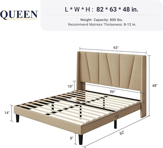 Allewie Queen Size Platform Bed Frame with Geometric Wingback Headboard, Boho Upholstered Bed with Wooden Slats Support, No Box Spring Needed, Easy Assembly, Beige