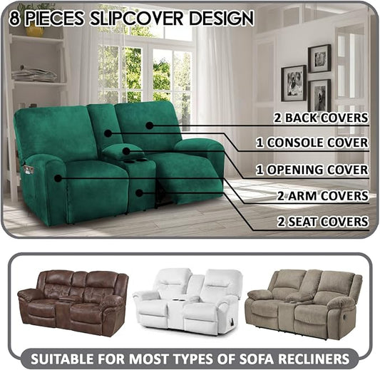 Reclining Love Seat with Middle Console Slipcover, 8-Piece Velvet Stretch Loveseat Reclining Sofa Covers, 2 seat Loveseat Recliner Cover, Thick, Soft, Washable, Loveseat Slipcovers (Retro Green)