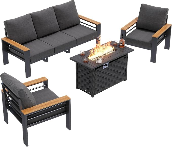Aoxun Patio Furniture Set, Aluminum Patio Set with Fire Pit Table and 5" Thicken & Washable Cushion, Waterproof Outdoor Furniture, Outdoor Couch Sectional for Backyard (5 Seats/F, Dark Grey)