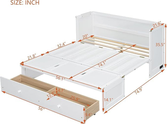 Merax Murphy Bed Cabinet Full Size with Storage Drawers, Chest Cube Bed for Guest Room, Built-in Sockets & USB Ports, for Home Office or Small Bedroom, White