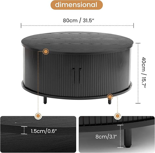 COSIEST Round Coffee Table with Storage, 31.5" Modern Black Coffee Table with 360° Sliding Door, Fluted Wood Accent Center Table with Adjustable Footpads for Living Room