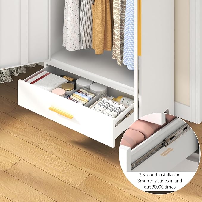 72" Tall Metal Wardrobe Closet - Large Clothing Storage Cabinet with 1 Hanging Rod, 1 Adjustable Shelve, 1 Drawer & Mirror Doors - Closet Organizer for Bedroom, Office, Laundry Room, Garage - White