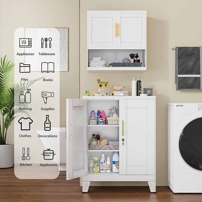 GAIOUS White Metal File Cabinet with Lock(Two Units), Steel Storage Cabient | with 2 Doors and 2 Adjustable Shelves, Multifunctional Locked Cabinet for Home/Office/Garage/Tool Room, Accent Furniture