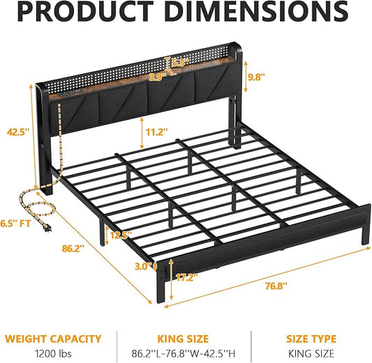Furnulem King Size Bed Frame with Headboard, LED Light and Charging Station, Metal Platform Bed with Heavy Duty Slats, No Box Spring Needed, Noise Free & Easy Assembly