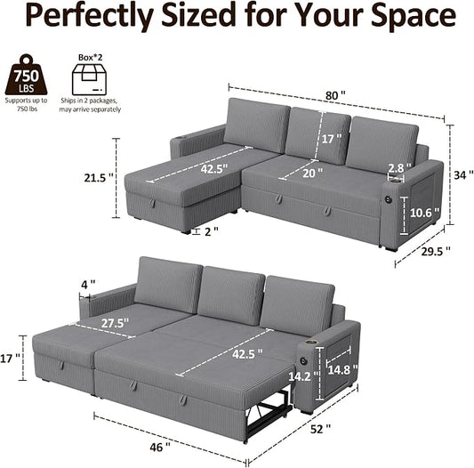 Ball & Cast 80" Sectional Sleeper Sofa Bed Pull Out Couches for Living Room | L Shaped Convertible Pull Out Sofa Bed with Storage Chaise, Foldable Table, USB Port, Cup Holder, Side Pocket for Small Space
