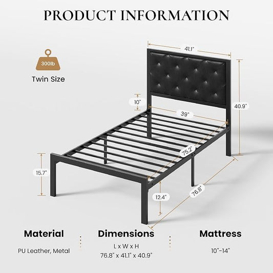 SHA CERLIN Twin Size Metal Bed Frame with PU Tufted Headboard, Black | Modern Design Heavy-Duty Platform Bed, No Box Spring Need, PU Leather Upholstery, Noise Free, Easy Assembly