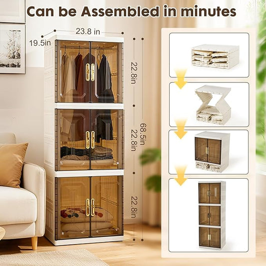 YHB Plastic Folding Storage Box Units, Pet Collapsible Clothes Organizers,White, Collapsible Wardrobe with Visualization Doors, Rolling Wheels