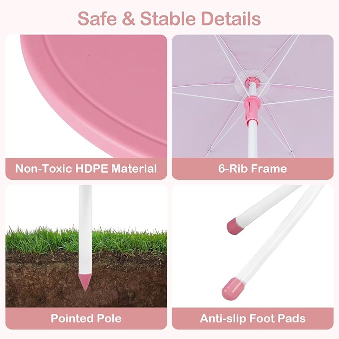 Olakids Kids Picnic Table, Outdoor Toddler Patio Furniture Set with 2 Folding Chairs Adjustable Foldable Umbrella for Garden Backyard Beach (Pink)