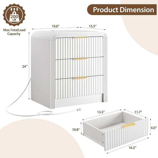 Decofy Fluted Nightstand with Charging Station, Modern Bedroom Side Table with Gold Handles, Curved Profile Design, End Table Wood Organizer for Bedroom, 19.7" & 3 Drawers (1 Pack, Pure White)