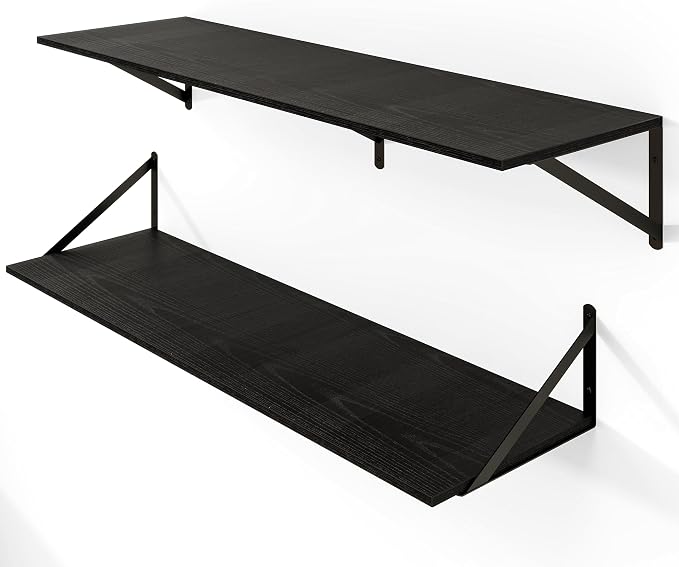 Heimlove Black Deep Floating Shelves for Wall, 40W x 12D Wood Wall Shelves Set of 2, Wide Floating Bookshelf for Living Room, Kitchen, Office, Bedroom and Decor Storage, with Metal Bracket - Black