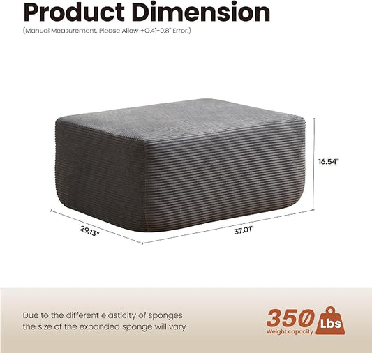 ovios 37" Corduroy Ottoman, Upholstered Cloud Ottoman for Boneless Couch in a Box, Modular Sectional Couches for Living Room Bedroom, Compressed Memory Foam, No Assembly Require, Grey