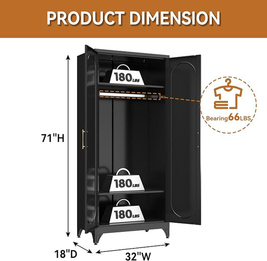 Polup Metal Armoire Wardrobe Closet with Doors and Shelves, 71" Tall Wardrobe Closet with Hanging Rod, Freestanding Clothes Cabinets, Steel Wardrobes for Bedroom, Home Office, Employee, Black
