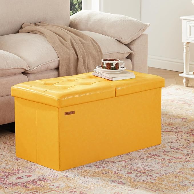 HAUSFRAU - 30 Inches Storage Ottoman Bench with Flipping Lid, Foldable Storage Chest Foot Rest for Living Room, Bedroom, Entryway, Load 660 lb, Synthetic Leather, Yellow