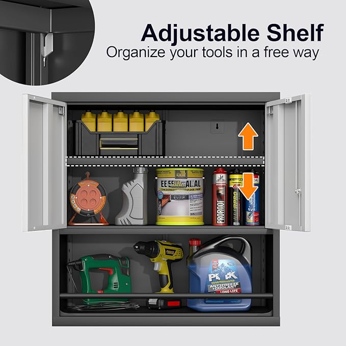 GREATMEET 31" H Metal Garage Storage Cabinets with Doors and Shelves, Lockable Storage Cabinet with Lock, Hanging Cabinets for Wall, Wall Mount Cabinet for Utility Room, Black&Grey
