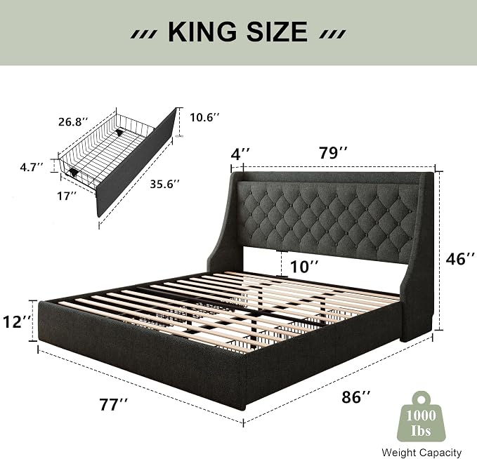 Feonase King Size Bed Frame with 4 Storage Drawers, Upholstered Storage Bed with Charging Station, Tufted Wingback Headboard, No Box Spring Needed, Dark Grey