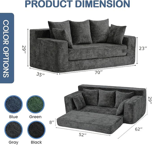 Boneless Couches 70", 3 Seater Boneless Couch with Pull Out Sofa Bed, Gray Boneless Couch with 5 Pillows, Plush Velvet Sofa for Living Room & Bedroom