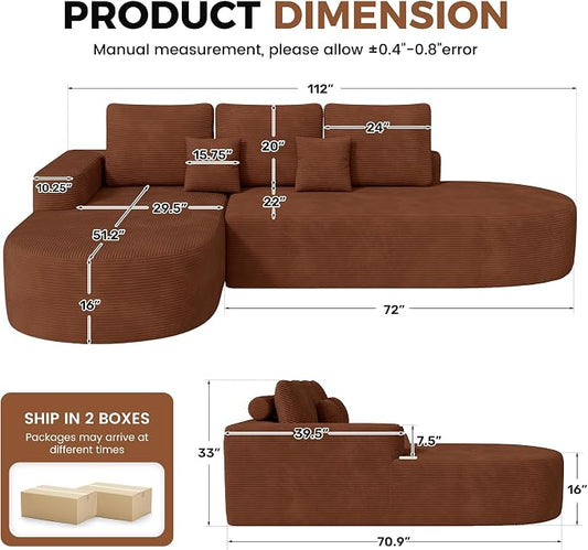 112" Modular Curved Sofa, Oversized Couches for Living Room, Modern Cloud Couch with Deep Seat, Corduroy Foam Couch, No Assembly Required, Red Brown, 1PCS