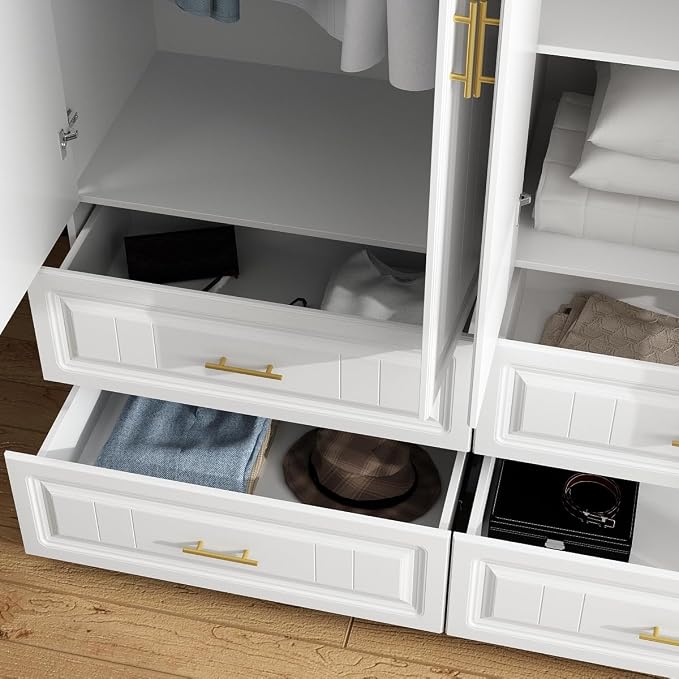 MOUMON 4 Door Wardrobe Closet with Drawers & Shelves, Armoire Closet with Hanging Rod, Wardrobe Cabinet with Gold Metal Handles, Top Cube Storage, White (63”W x 20.6”D x 94.7”H)