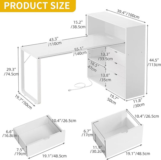 DWVO L Shaped Desk with Drawers, 55" Corner Computer Desk with Bookshelf & Power Outlets & LED Lights, Home Office Desk with Storage Shelves, White