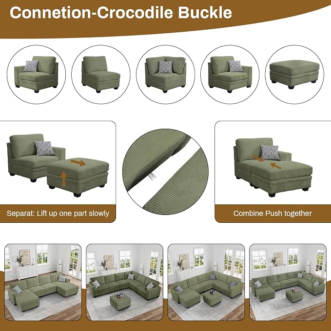 Legend Vansen Oversized Modular Sectional Sofa,6 Seat U Shaped Couch with Ottoman,Corduroy Sofa with Deep Seat,Convertible Large Sectional Couches for Living Room (Olive, L2+3)