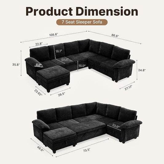 108" Modular Sectional Sofa Bed with Storage, L Shaped Pull Out Couch, Removable Chenille Sofa Cover for Living Room (Black, 7 Seat)