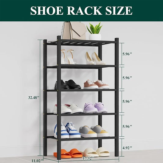 Smiry Small Bamboo Shoe Rack, 5 Tier Free Standing Wooden Shoe Organizer, Stackable Wood Shoe Storage Shelf for Closet, Entryway, 14 Vertical Slats, 2+2+1 Stack Thicker Legs, 17.3"x11"x32.5", Black