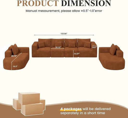 Living Room Furniture Sets,Modern U Shaped Modular Sectional Sofa,Convertible Cloud Couches for Living Room,Comfy 4 Seater with 2 Chaise Furniture Set, Boneless Couch Sofa,1 PCS