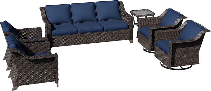 6 Pieces Patio Conversation Furniture Set - 1 Sofa, 2 Swivel Chairs, 2 Armchairs, 1 Side Table, Outdoor Wicker Furniture with Removable Cushions for Porch, Balcony, Sunroom (Blue)