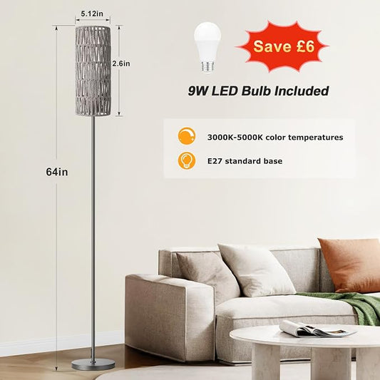 Ambimall 64'' Floor Lamp for Living Room with 3 Color Temperatures Bulb, Boho Grey Standing Lamp with Grey Rattan Shade