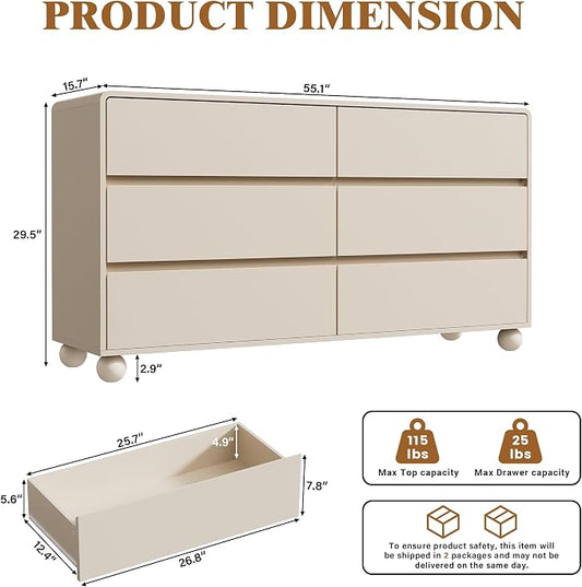 Furniway 3 Piece Bedroom Set, 6 Drawer Dresser and 2 Drawer Nightstand Set of 2 with Round Legs, Modern Wood Chest of Drawers Storage Cabinet for Bedroom, Beige