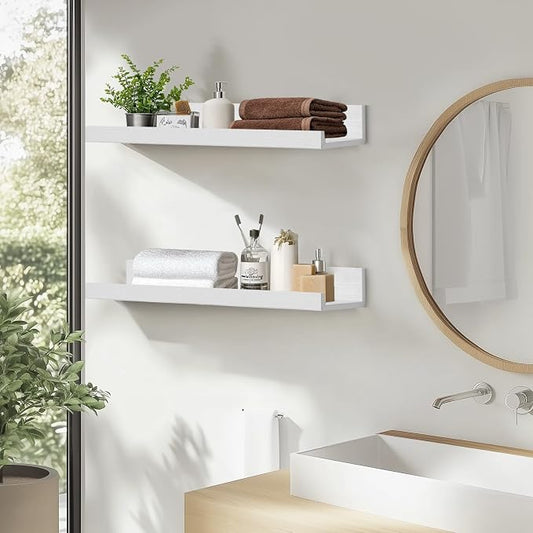 Muzilife 24" Small Floating Wall Ledge Shelves with Lip - Set of 2 Wood Floating Shelves - White Wall Mounted Picture Ledge for Office, Bathroom, Bedroom, Living Room, Kitchen