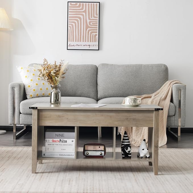 VINGLI Farmhouse Lift Top Coffee Table, Rustic Grey with Storage Shelf/Hidden Compartment, Mesa De Centro para Sala, Rustic Brown (Grey, 40" L)
