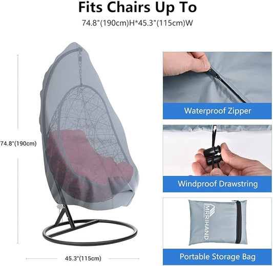 Patio Egg Chair Cover with Zipper and Air Vent, Mrrihand 420D Heavy Duty Outdoor Chair Cover Waterproof, Hanging Swing Chair Covers, 74.8”H X 45.3”W, Grey, 1 Pack